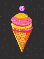 Yellow and pink ice cream with jelly beans on a dark gray background with confetti. Ice cream in a waffle cone, cartoon dairy products. Striped candy. - Vector. vector illustration