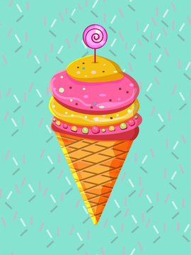 Yellow and pink ice cream with jelly beans on a blue background with confetti. Ice cream in a waffle cone, cartoon dairy products. Striped candy. - Vector. vector illustration