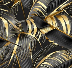 modèle sans couture avec des feuilles tropicales dorées et noires sur fond sombre. Forêt tropicale.