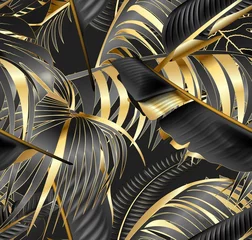 Gardinen Nahtloses Muster mit goldenen und schwarzen tropischen Blättern auf dunklem Hintergrund. Regenwald. © raz234