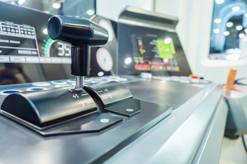 Joystick. Control lever. Control panel devices. Dashboard. Management console.