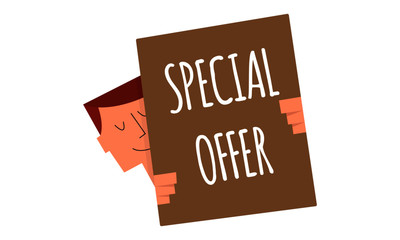 special offer sign on a board vector illustration. Man holding a sign "special offer". Business and Digital marketing concept for website and banners promotions.