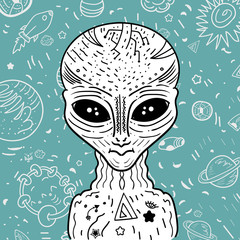 Alien on the background with space doodles. Coloring for adults and children - Vector