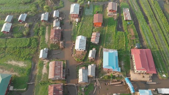 High Angle Aerial Drone Inle Lake Myanmar, Bamboo Canoe In Canals, Floating Farm Fields