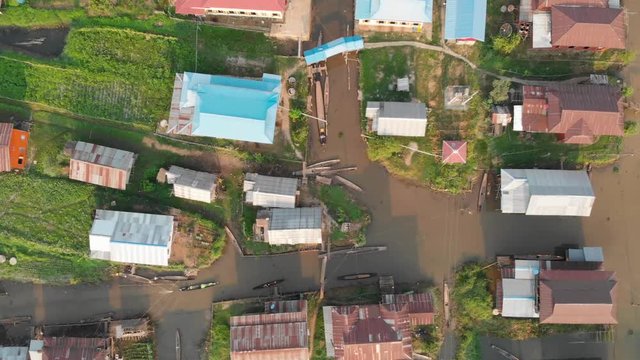 Top Down Aerial, Kayak Canoe In Canals, Stilt Houses, Floating Farms, Inle Lake Myanmar