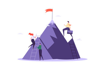 Concept of career, professional growth, coaching, career planning, career development, and team work. Businessman and employee on the stairs go to the goal. Vector illustration in flat design