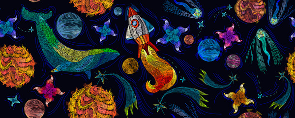 Embroidery universe, spaceship and blue whale seamless pattern. Rocket, planet, solar system, galaxy. Fantasy template for clothes, textiles, t-shirt design