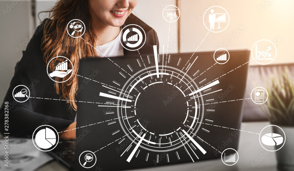 Wall mural data analysis for business and finance concept. graphic interface showing future computer technology