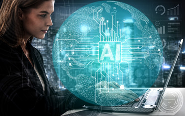 AI Learning and Artificial Intelligence Concept - Icon Graphic Interface showing computer, machine...