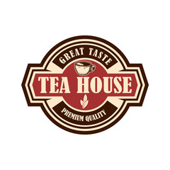 Tea shop emblem template. Design element for logo, label, sign, poster, flyer. Vector illustration