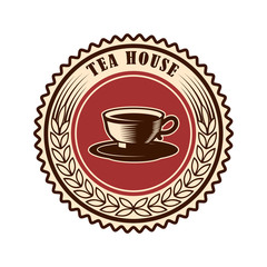 Tea shop emblem template. Design element for logo, label, sign, poster, flyer. Vector illustration