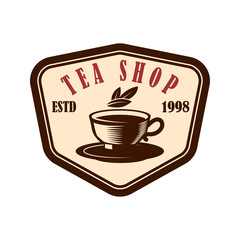 Tea shop emblem template. Design element for logo, label, sign, poster, flyer. Vector illustration