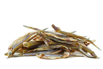 Few cured european smelt fishes isolated on white background