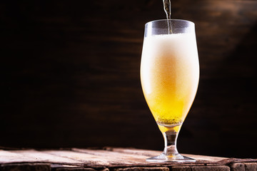 Cold beer is pouring into a glass forming foam.