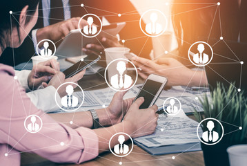 Human Resources Recruitment and People Networking Concept. Modern graphic interface showing...