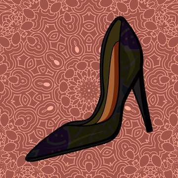 Women's shoe on a beautiful background. Fashionable shoes in retro style. Brown background with patterns. - Vector