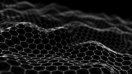 Futuristic black hexagon background. Futuristic honeycomb concept. Wave of particles. 3D rendering. Data technology background