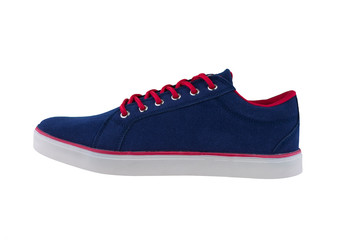 Sneakers. Sports shoes side view on a white background.Blue shoe with white sole and red laces