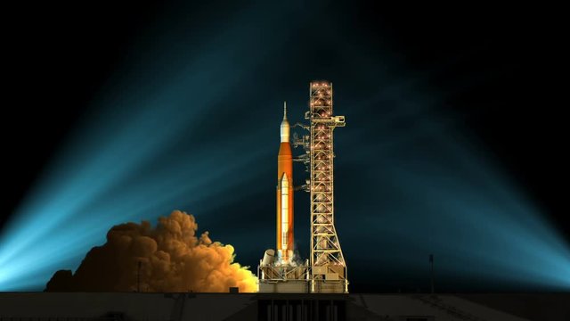 Night Takeoff Of Space Launch System. Slow Motion. 3D Animation. 4K. Ultra High Definition. 3840x2160.