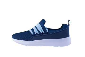 Sneakers. Sports shoes side view on a white background.Dark blue shoe with white sole and blue laces