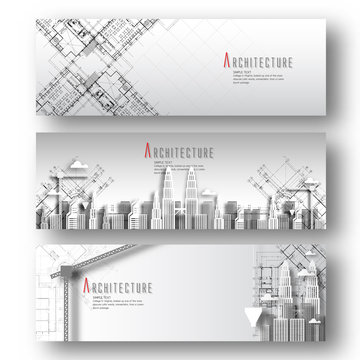 Set of horizontal banners with architectural and Blueprint background.