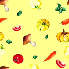 Watercolor pattern with fresh vegetables: tomatoes, peppers, pumpkins and fresh Basil. Bright illustration for Wallpaper, textiles, packaging and backgrounds on the theme of fresh food.
