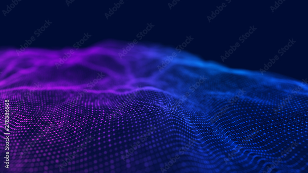 Poster wave 3d. wave of particles. abstract blue geometric background. big data visualization. data technol
