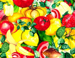 Seamless background of fresh vegetables and fruits: tomato, pepper, pumpkin, mushroom, lemon, strawberry, banana, Basil. Watercolor bright background for illustrations on organic food, textiles.