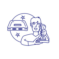 young boy using video game joystick control