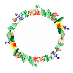 Watercolor frame of rose buds, lavender, bright exotic flowers and green leaves.  Delicate floral circle for cards, invitations or letters of thanks.