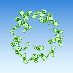 American dollar notes falling. Floating USD bills 