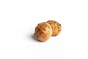 Freshly baked bread rolls isolated on white background.
