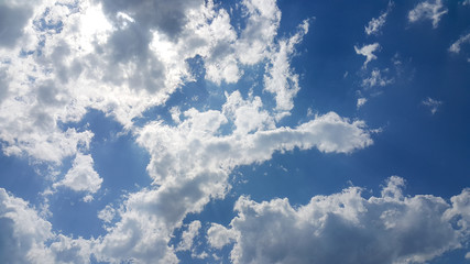 beautiful background of clouds, clearly visible lines of white clouds and blue sky, the top is a sunbeam