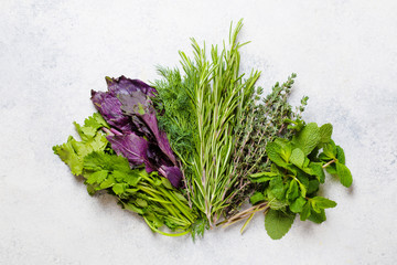 Dill, parsley, rosemary, mint, thyme and basil oon wooden board