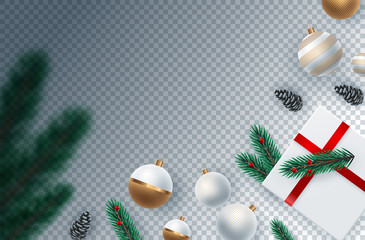 Realistic pine leaves, baubles and holly berries decorated on png background for Merry Christmas celebration