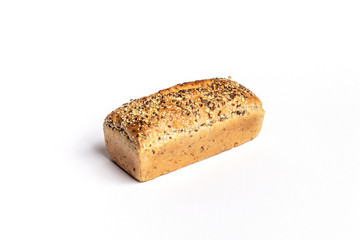 Fresh home-made bread with a crispy crust, on white background.
