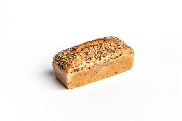 Fresh home-made bread with a crispy crust, on white background.
