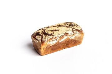 Fresh home-made bread with a crispy crust, on white background.