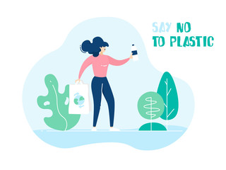 Cartoon girl with eco bag and plants in nature. Ecology banner with text Say no to plastic. Vector poster in flat linear style.