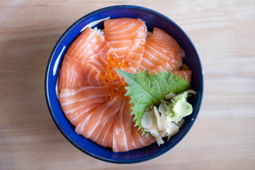 Salmon don, Bowl of steamed rice with salmon sashmi, Japanese food.