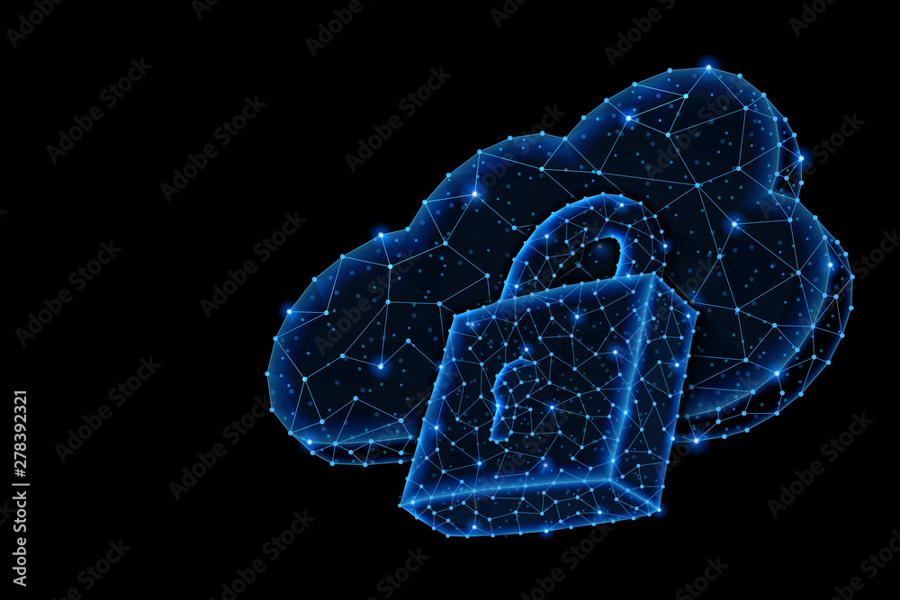 Wall mural abstract polygonal light design of cloud storage with lock sign.