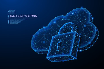 Abstract polygonal light design of cloud storage with lock sign.