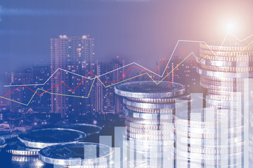 Financial investment concept, Double exposure of city night and stack of coins for finance investor, Forex trading candlestick chart economic , ECN Digital economy