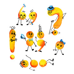 punctuation marks in watercolor, hand drawn font