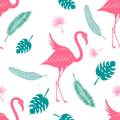 Tropical silhouette vector seamless pattern. Flamingo, coconut palm leaf, fan palm and banana leaf texture.