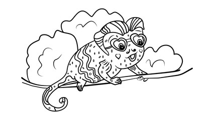 Chameleon lizard on a branch. Coloring book or page for kids - Vector. Vector illustration