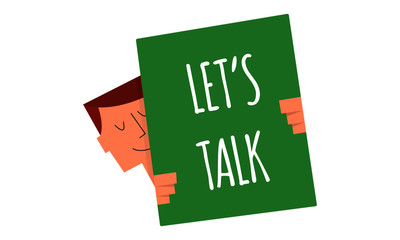  let's talk sign on a board vector illustration. Man holding a sign "let's talk". Business and Digital marketing concept for website and banners promotions.
