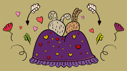 A pair of rabbits or hares sit in an embrace under the veil. - Vector