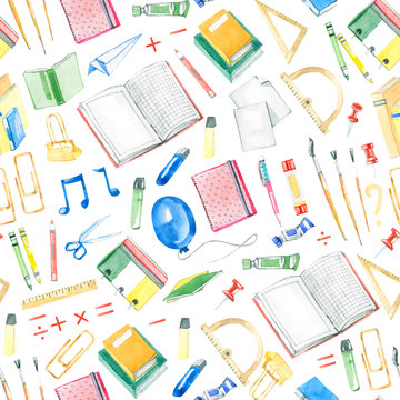 Watercolor seamless pattern back to school and education elements design. Cute style illustration. School Supplies and stationary for school. Pattern for the textile fabric, wrappimg paper