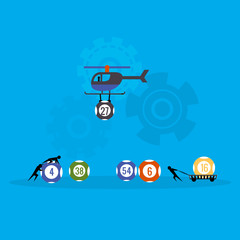 Flat style concept of the lottery, little people move the balls.